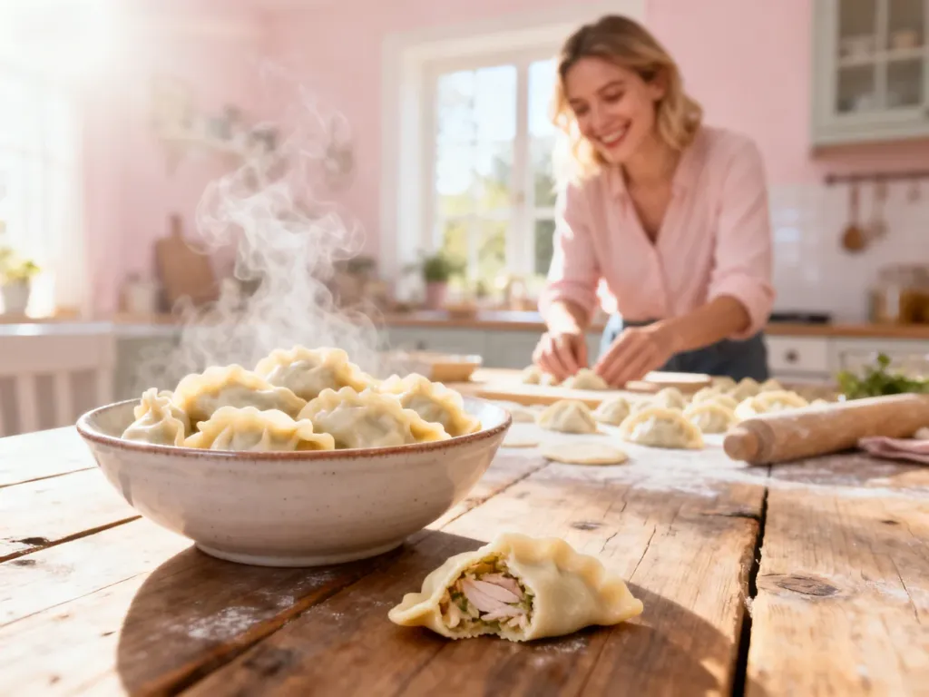 Parująca miska tradycyjnych pierogów na drewnianym stole, w tle kobieta przygotowująca domowe ciasto w jasnej kuchni.