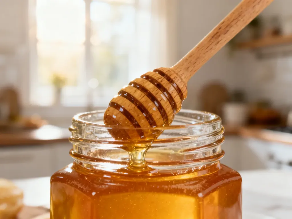 Słoik ze złotym miodem i drewnianą łyżeczką w słonecznej kuchni, podkreślający naturalny charakter produktu.