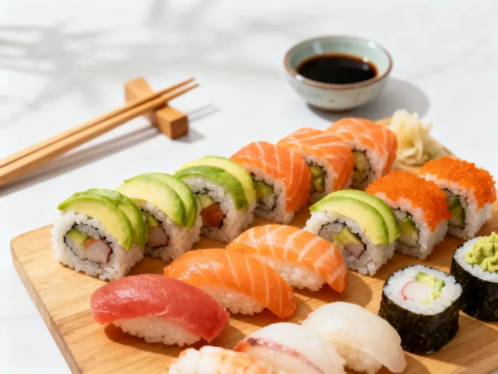 Świeże sushi z łososiem i awokado podane na drewnianej desce, obok pałeczki i miseczka z sosem sojowym.