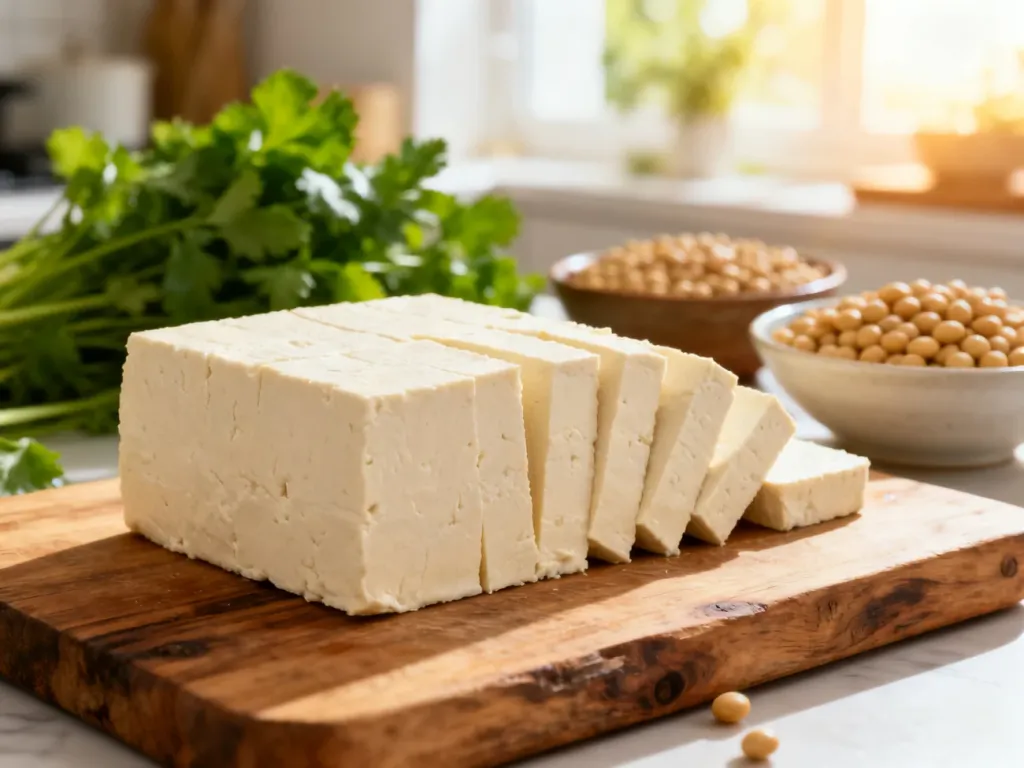 Pokrojony blok świeżego tofu na drewnianej desce w jasnej kuchni. Estetyczna prezentacja składnika roślinnego.